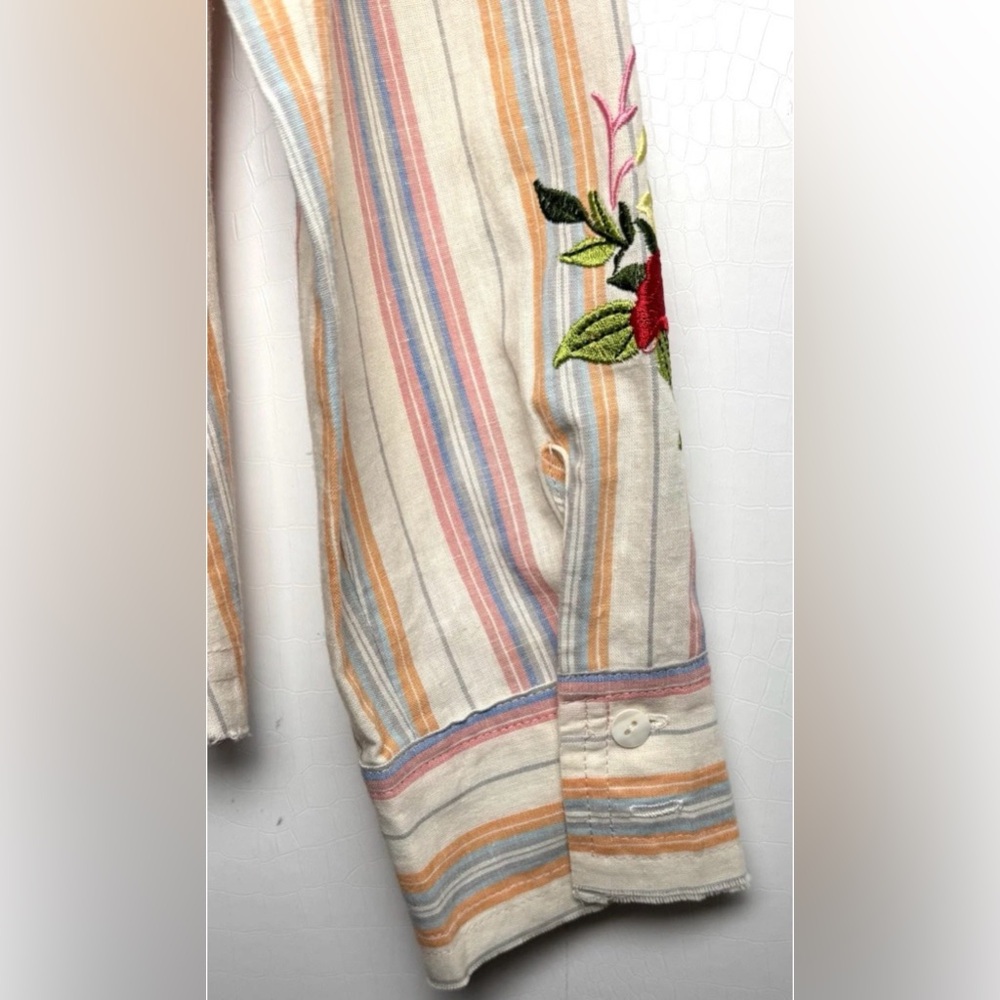 AZI Embroidered Stripe Blouse Western Boho Floral Detail Raw Hem M - Picture 10 of 13